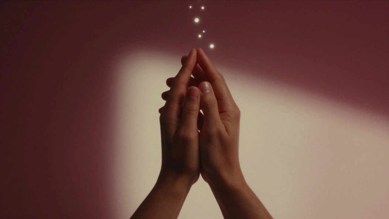 Abstract representation of emotional connection through clasped hands and glowing particles symbolizing bonding chemicals.