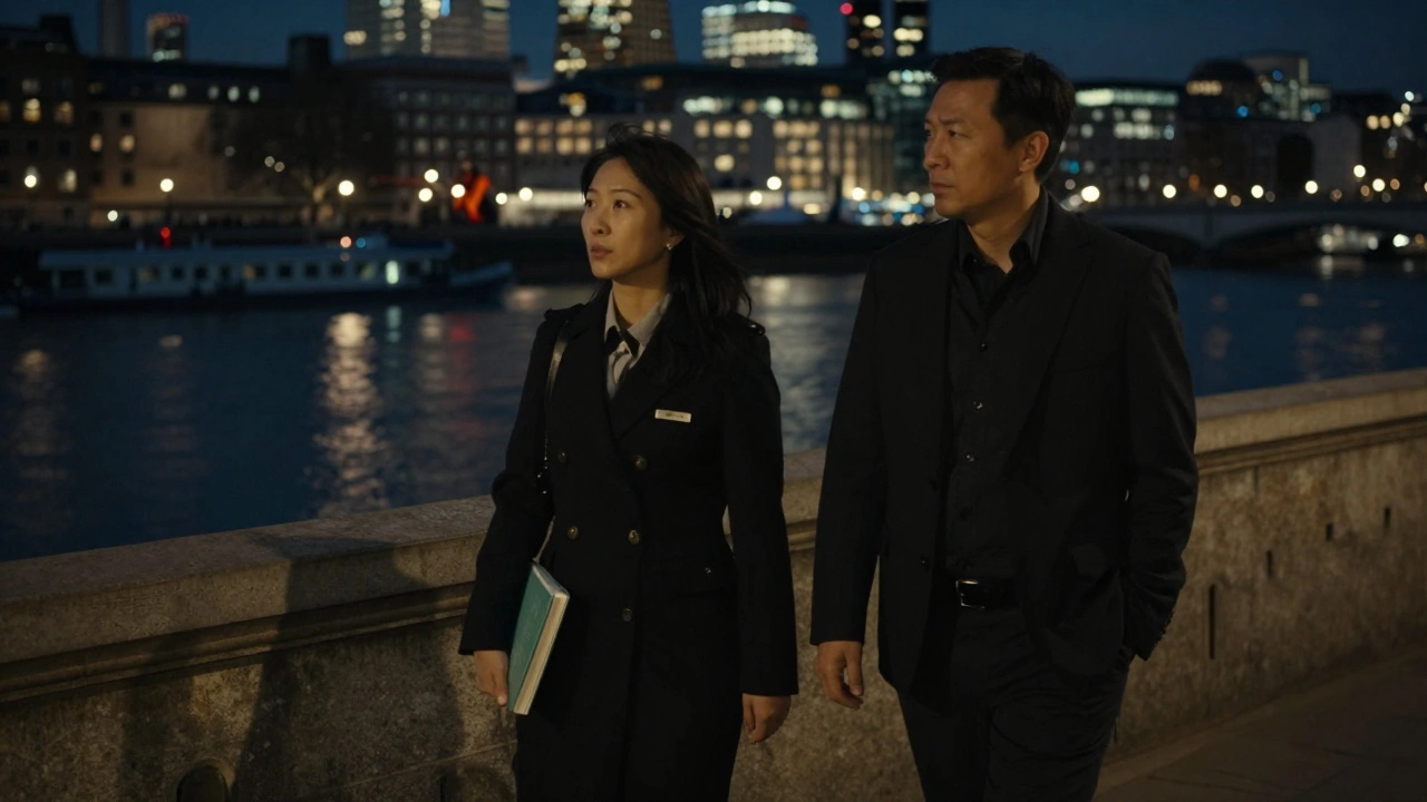 An Asian escort and client walk peacefully along the Thames at night, lost in quiet conversation under city lights.