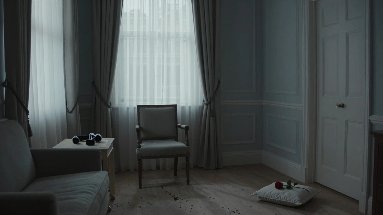 An empty, elegantly lit room with a single rose and restraint, suggesting a powerful session has just ended.