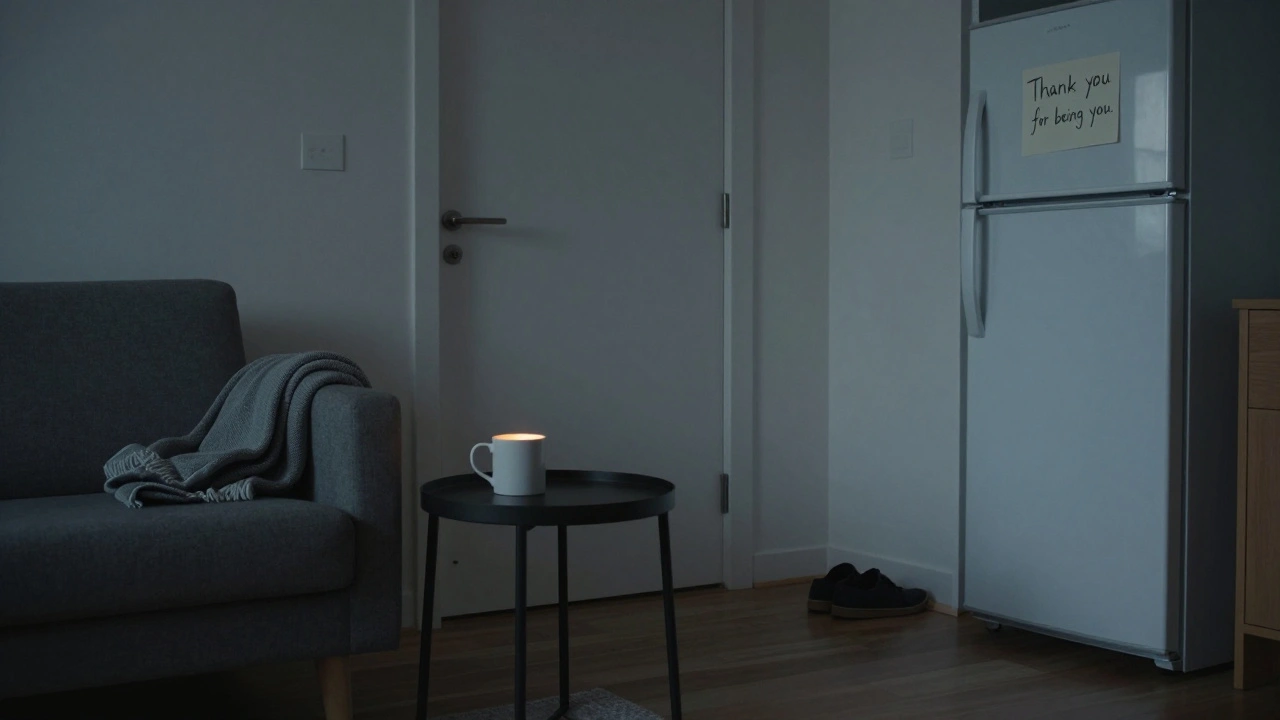 An empty, peacefully tidy living space at dawn, with a warm mug and folded blanket, conveying quiet emotional resonance.
