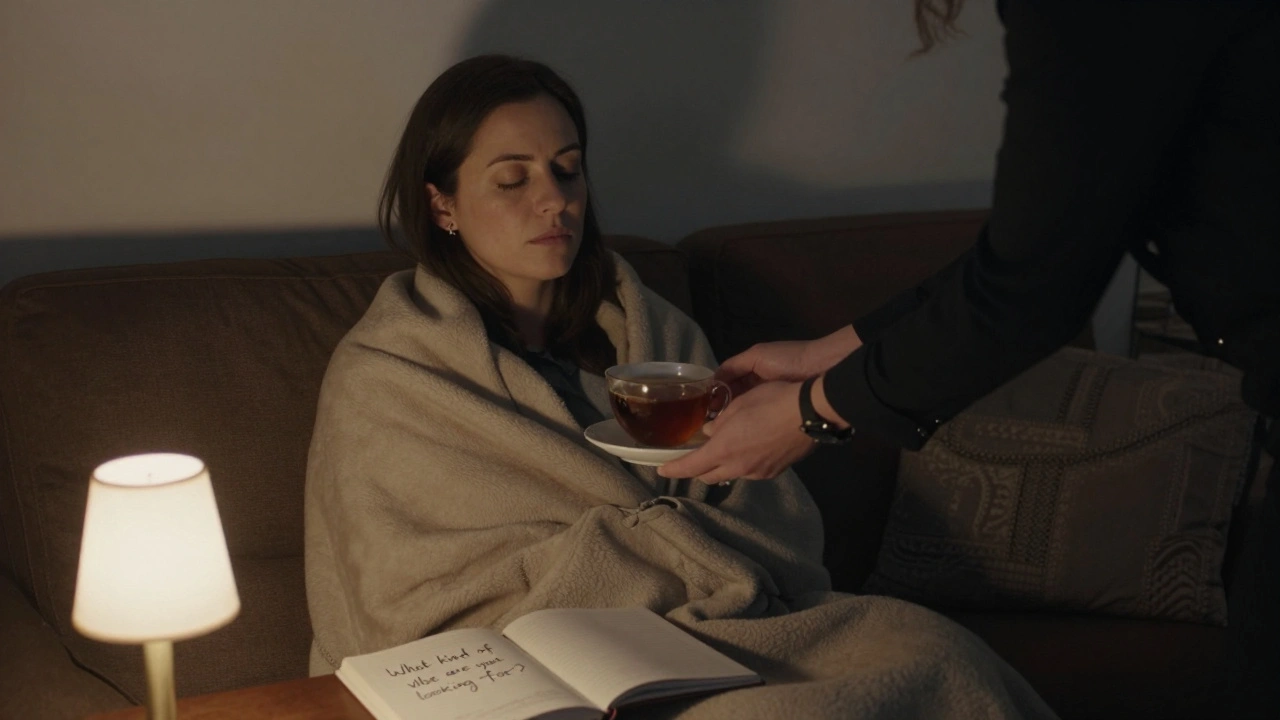 An escort offering tea to a client in quiet comfort, no words needed, in a peaceful evening setting.