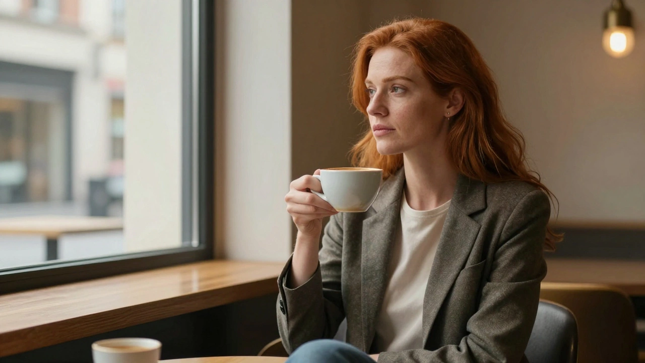 Calm red-haired woman having coffee in a quiet café.