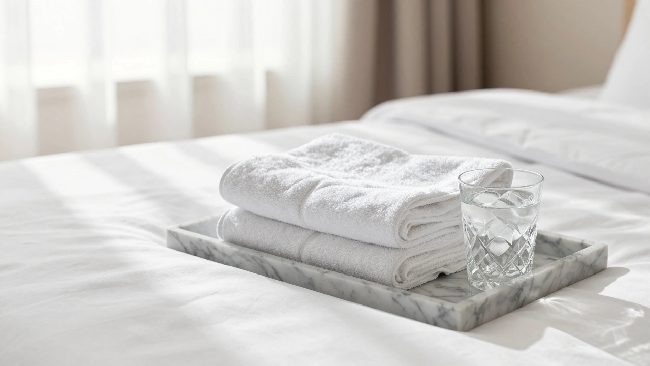 Clean hotel room details with fresh towels and water glass.