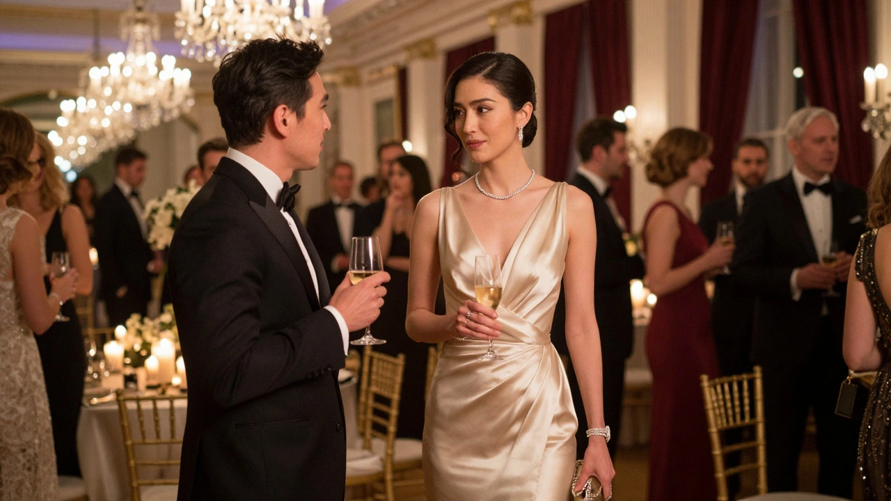 Elegant couple attending formal gala event in decorated ballroom