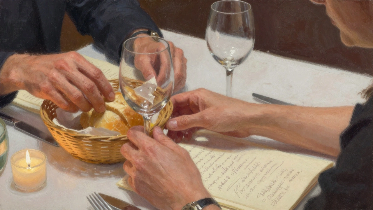 Hands at a dining table—one hesitating, the other gently guiding—near wine glasses and a candle.