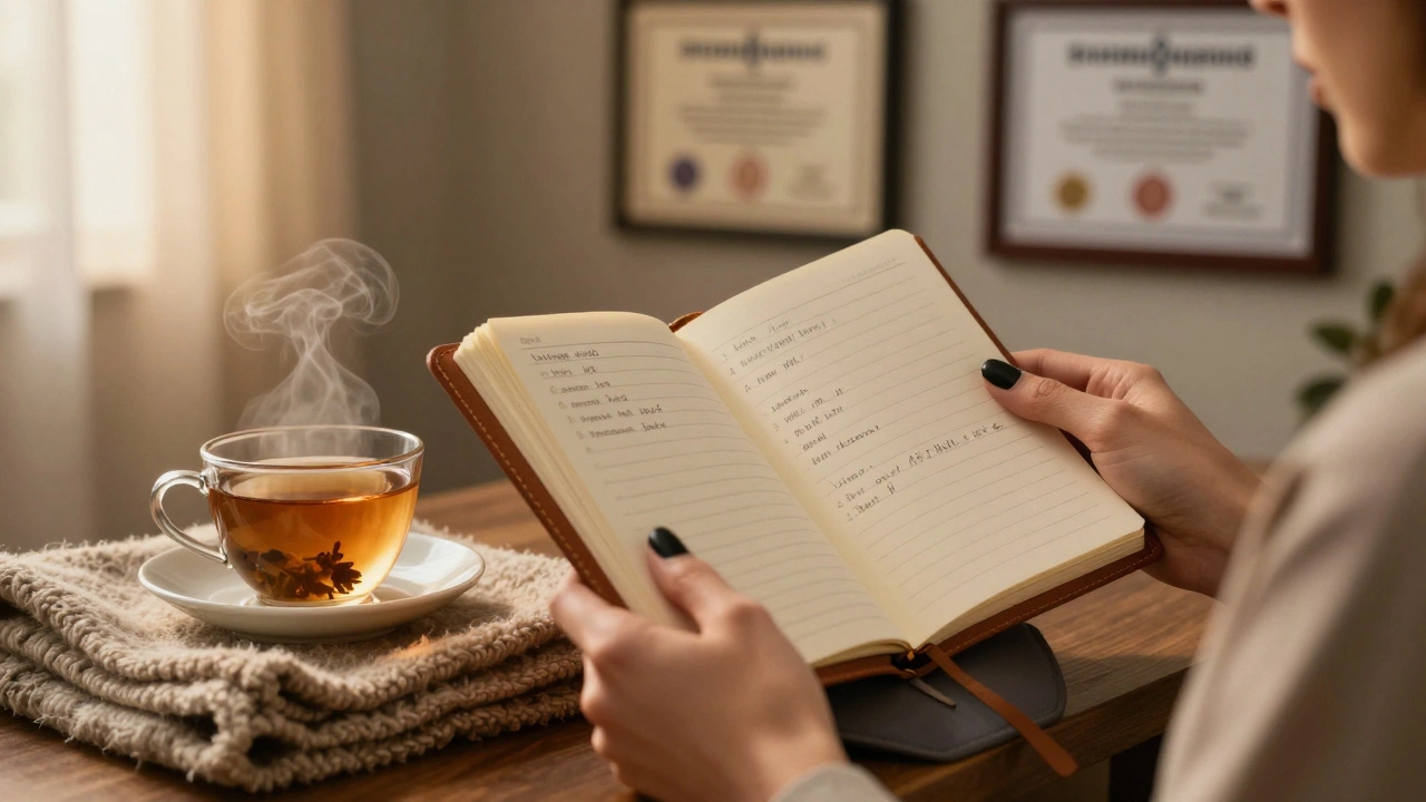 Hands holding a journal with aftercare notes beside tea and a blanket, revealing the quiet professionalism of a dominant escort.