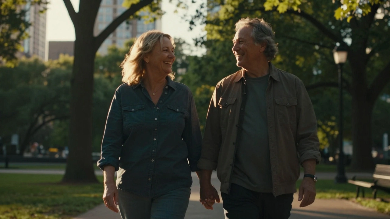 Mature couple walking hand-in-hand in a sunlit city park.