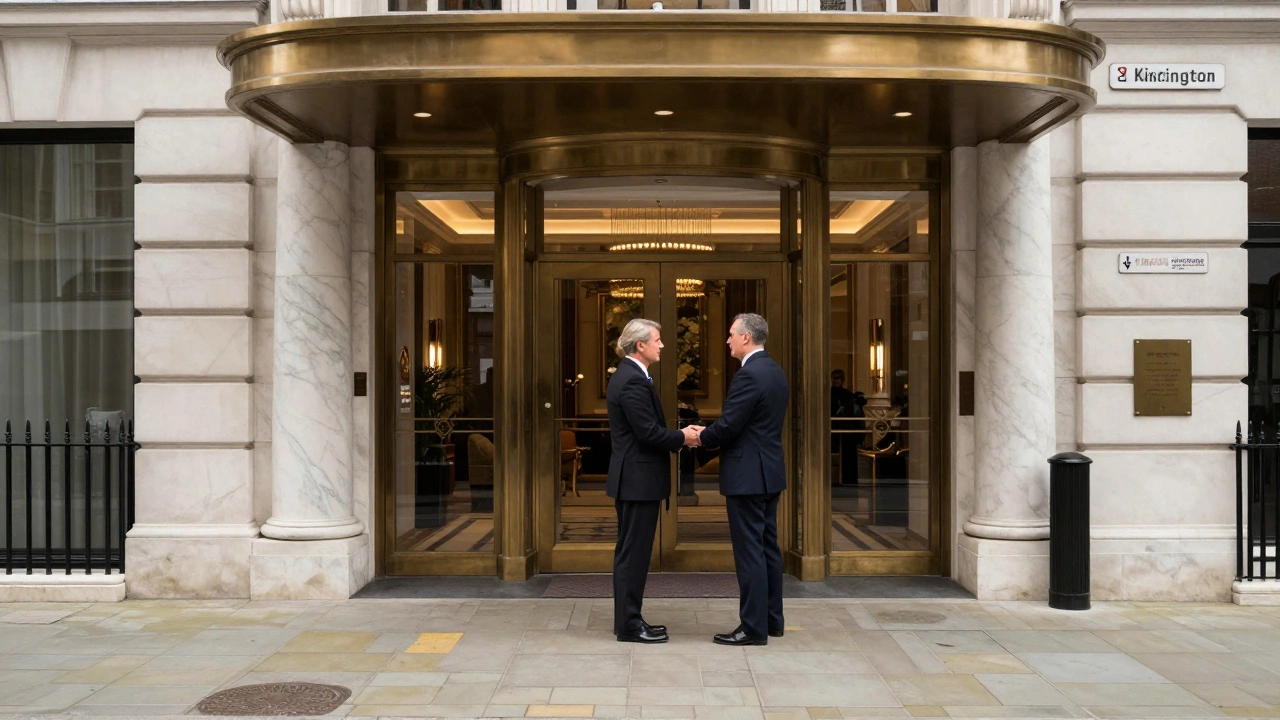 Professional meeting outside a luxury hotel lobby in central London.
