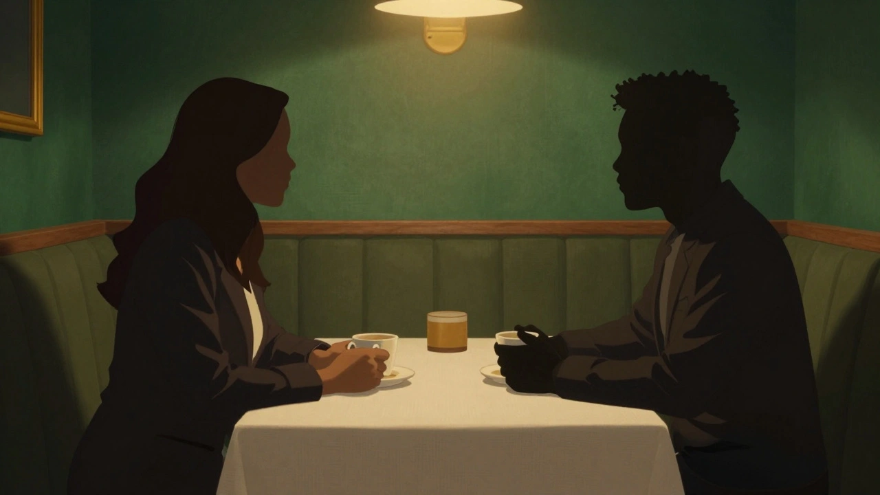 Silhouettes of two people having conversation at intimate restaurant table