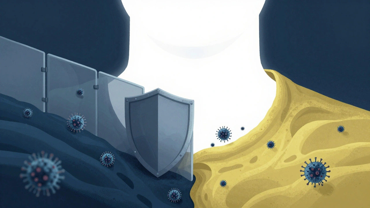 Symbolic illustration of STI transmission in the throat versus barrier protection.