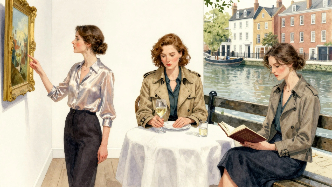 Three elegant women, each embodying a different type of dinner companion, in serene, contemplative moments across London.