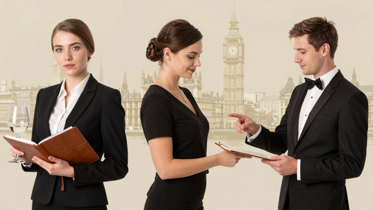 Three types of dinner date escorts in London: professional, GFE, and specialist, each depicted with subtle cues of their expertise.