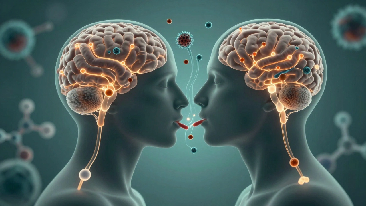 Two heads in silhouette exchanging glowing neurotransmitters and microbial particles during a kiss, symbolizing biological benefits.