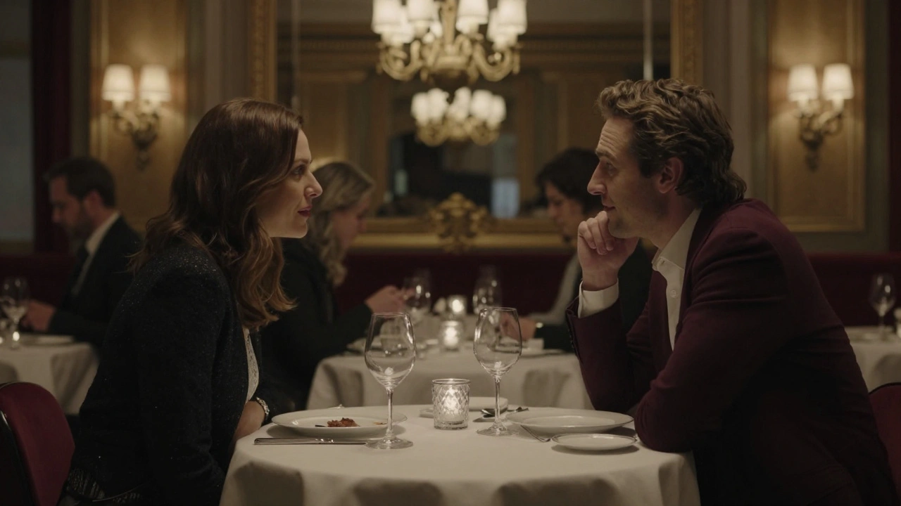 Two people dining quietly at an upscale London bistro, sharing wine and quiet moments without physical intimacy.