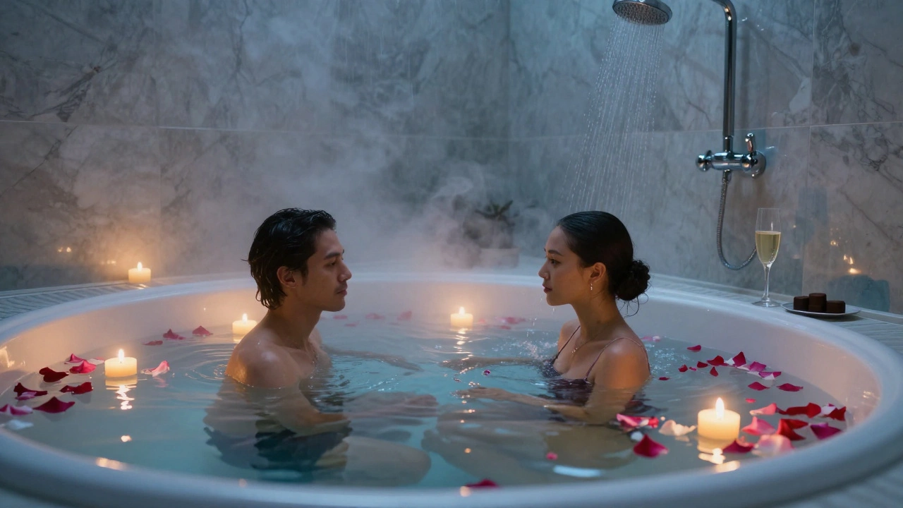 Two people float together in a private heated tub with floating candles and rose petals, surrounded by marble and soft twilight glow.
