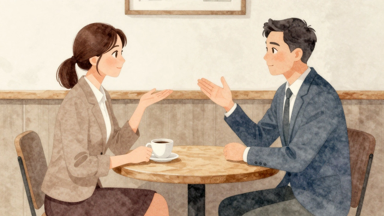 Two people having a discreet conversation at a cafe table.