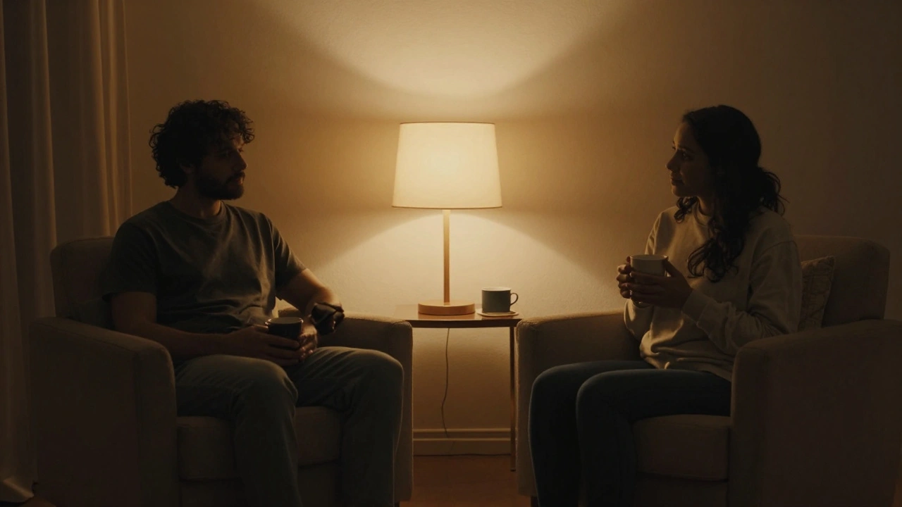 Two people relaxing with drinks in a warm, dimly lit room.
