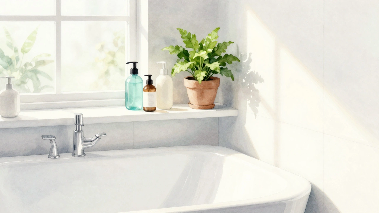 Watercolor illustration of a clean bathroom corner with plant and toiletries.