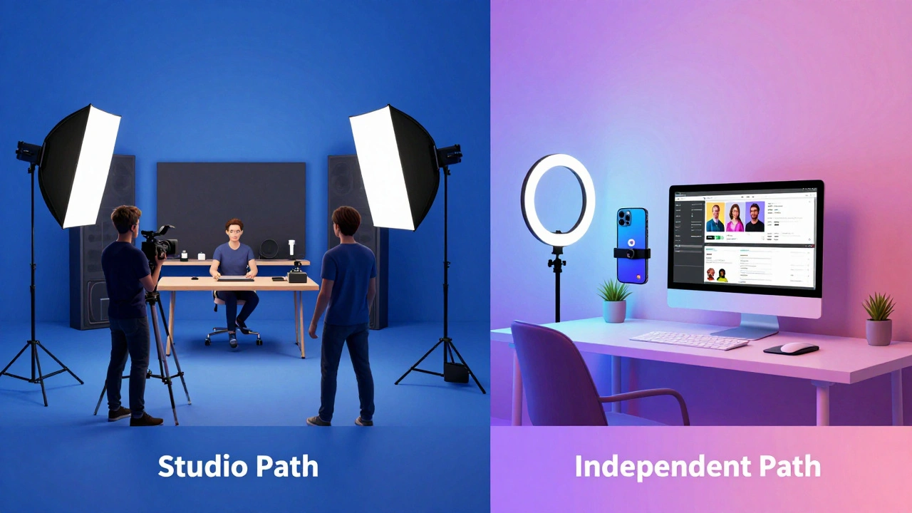 A split screen comparing a professional studio production with a home-based creator setup.