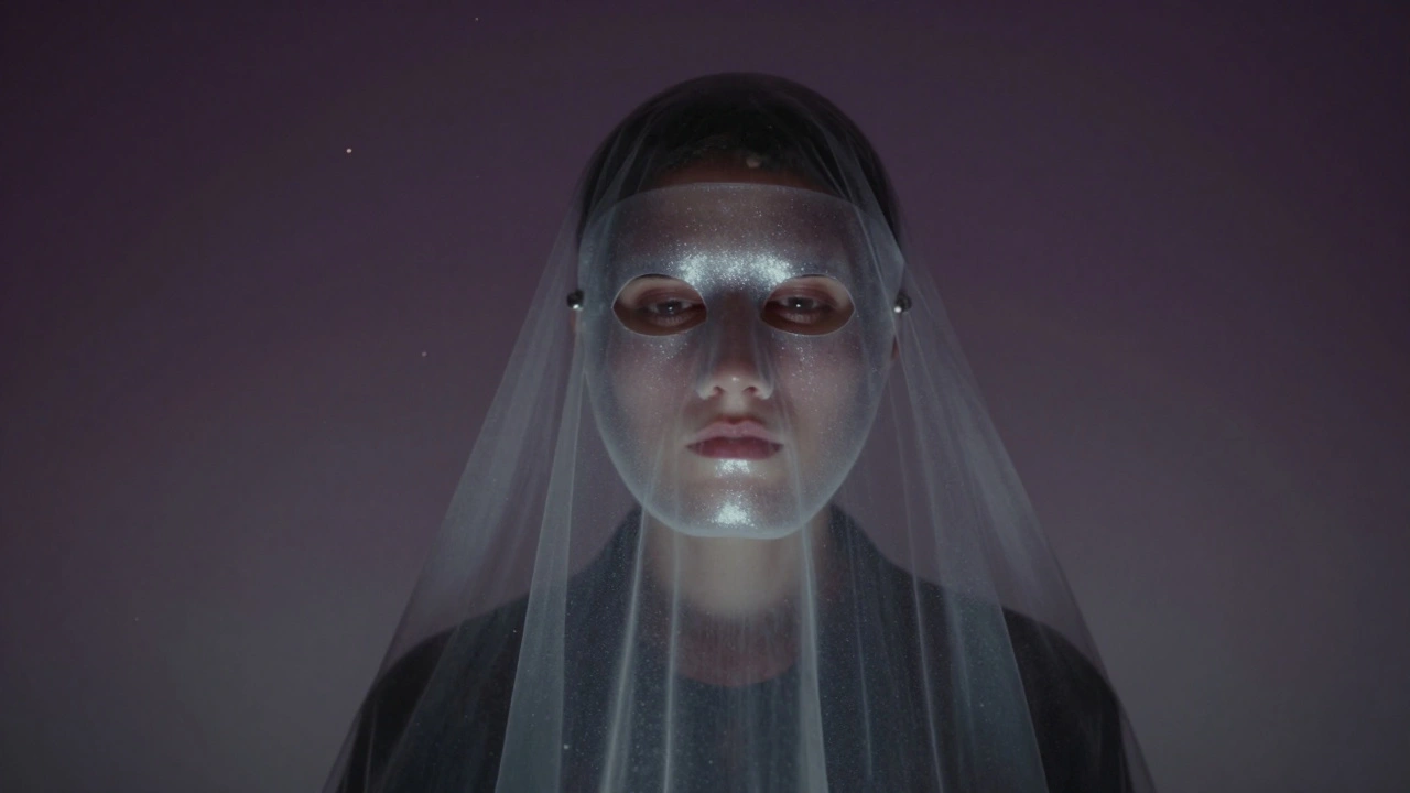 A surreal silhouette of a person with a shimmering mask representing a public persona.